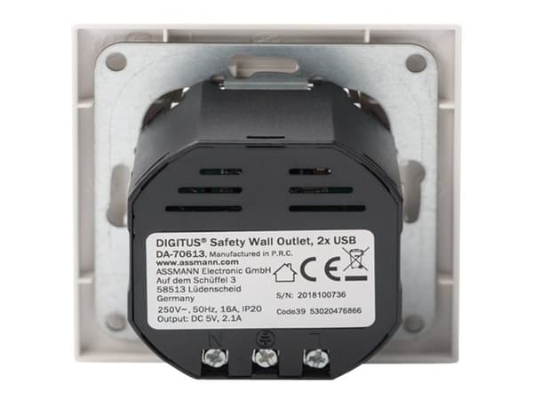 Digitus DA-70613, 2x USB, Valkoinen, 250 V, 50 Hz, 5 V, 2,1 A