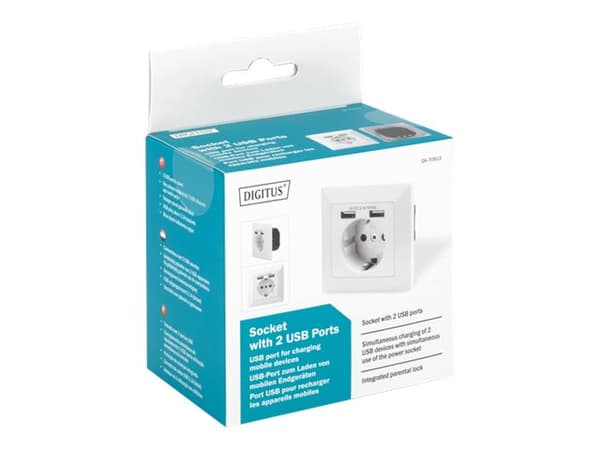 Digitus DA-70613, 2x USB, Valkoinen, 250 V, 50 Hz, 5 V, 2,1 A