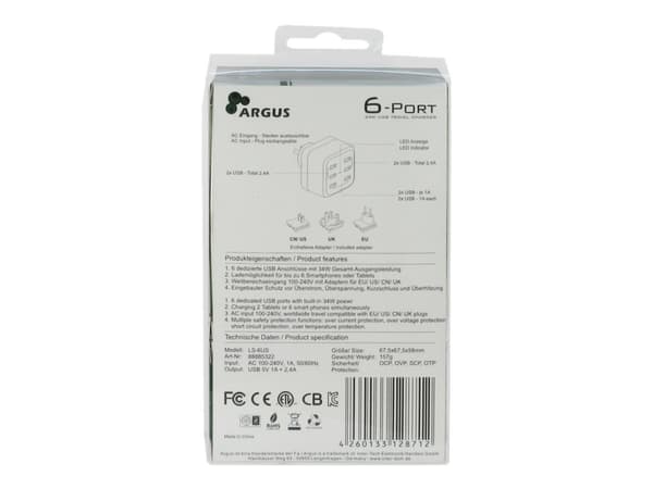 Inter-Tech Argus LS-6US - Strømadapter - 34 watt - 6.8 A - 6 utgangskontakter (USB)