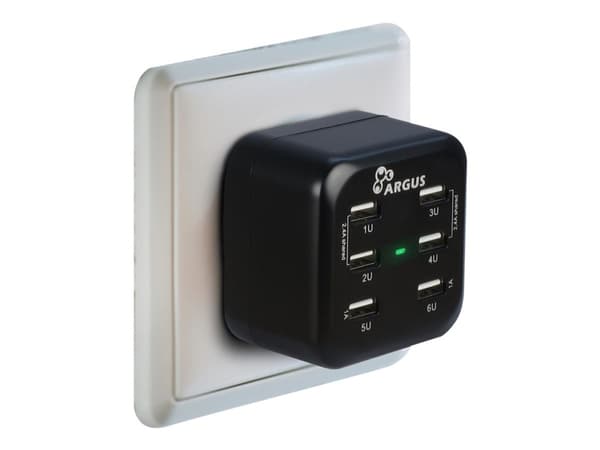 Inter-Tech Argus LS-6US - Strømadapter - 34 watt - 6.8 A - 6 utgangskontakter (USB) Sort