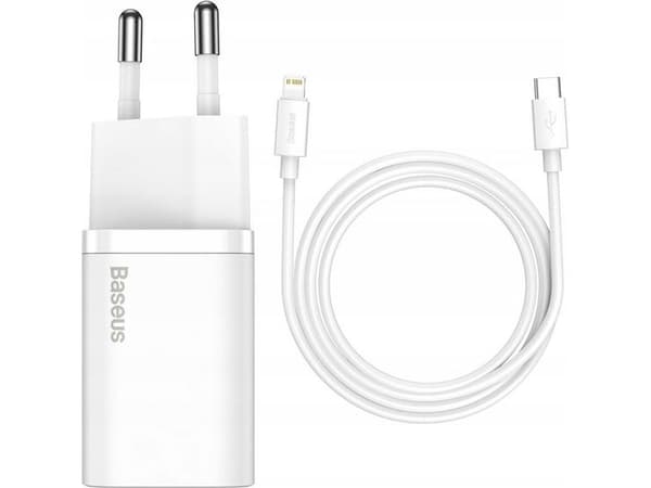 Baseus - Strömadapter - 20 Watt - 3 A - PD 3.0 (24 pin USB-C) - på kabel: Lightning - vit