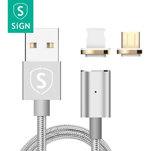 SiGN Magnetkabel 2-i-1 Lightning & Micro-USB 2.4A 1 m - Silver