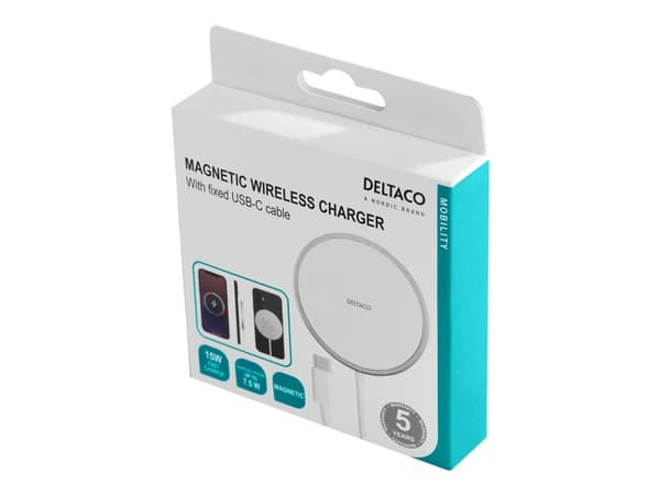 DELTACO QI-1034 - Trådlös laddningsplatta - 15 Watt - vit - för Apple iPhone 12, 12 mini, 12 Pro, 12 Pro Max, 13, 13 mini, 13 Pro, 13 Pro Max