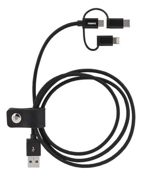 Deltaco 3-i-1 tygklädd USB-synk/laddarkabel, 1m - Svart