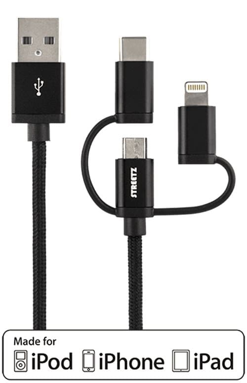 Deltaco 3-i-1 tygklädd USB-synk/laddarkabel, 1m - Svart