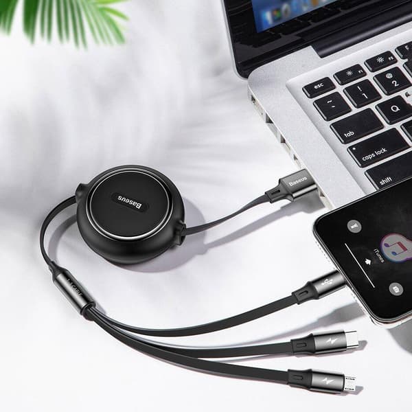 Baseus Golden Loop 3-in-1 Elastisk USB Ladd & Synkkabel, 1,2m, 3.5A - Svart