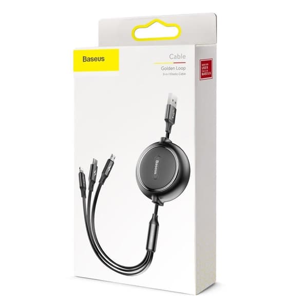 Baseus Golden Loop 3-in-1 Elastisk USB Ladd & Synkkabel, 1,2m, 3.5A - Svart