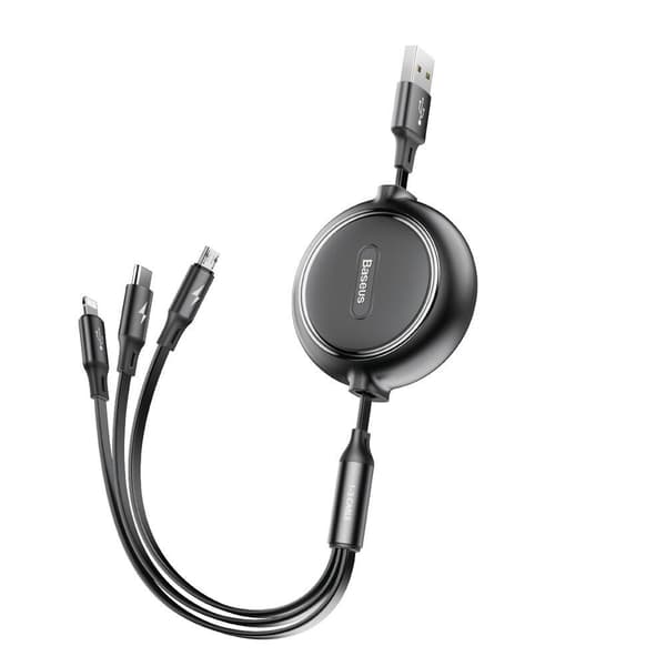 Baseus Golden Loop 3-in-1 Elastisk USB Ladd & Synkkabel, 1,2m, 3.5A - Svart