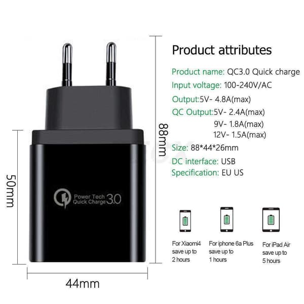 3 Port Snabbladdning 4,8A väggladdare QC3.0 till iPhone X / XS