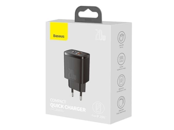 Baseus Compact - Strømadapter - 20 watt - 3 A - PD 3.0, QC 3.0 (24 pin USB-C) - svart