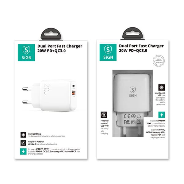 SiGN Snabbladdare USB & USB-C, PD & Q.C3.0, 3.5A, 20W - Vit