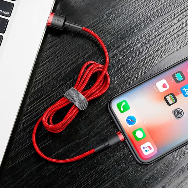 SiGN Kevlar USB-kabel med Lightning 1.5A, 2 m - Grå/Röd