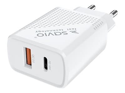 SAVIO LA-05 - Strømadapter - 18 watt - 3.6 A - PD 3.0, QC 3.0 - 2 utgangskontakter (USB, 24 pin USB-C) - på kabel: USB-C - hvit