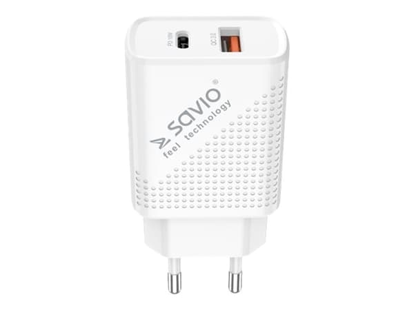 SAVIO LA-05 - Strømadapter - 18 watt - 3.6 A - PD 3.0, QC 3.0 - 2 utgangskontakter (USB, 24 pin USB-C) - på kabel: USB-C - hvit