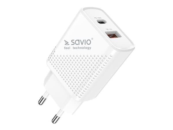 SAVIO LA-05 - Strømadapter - 18 watt - 3.6 A - PD 3.0, QC 3.0 - 2 utgangskontakter (USB, 24 pin USB-C) - på kabel: USB-C - hvit