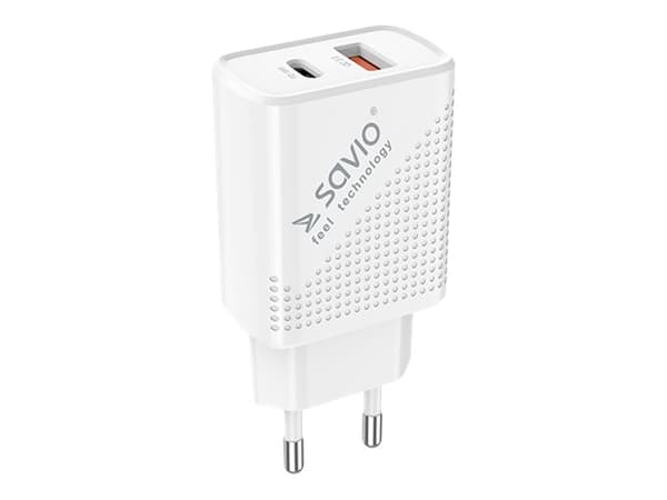 SAVIO LA-05 - Strømadapter - 18 watt - 3.6 A - PD 3.0, QC 3.0 - 2 utgangskontakter (USB, 24 pin USB-C) - på kabel: USB-C - hvit