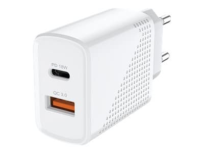 SAVIO LA-05 - Strømadapter - 18 watt - 3.6 A - PD 3.0, QC 3.0 - 2 utgangskontakter (USB, 24 pin USB-C) - på kabel: USB-C - hvit Hvit