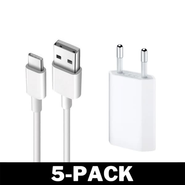 2M USB til USB-C opladningskabel Hvid + 1A Vægoplader 5-Pack