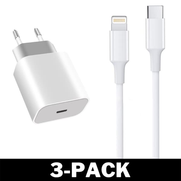 Väggladdare USB-C Snabb + Lightning Kabel iPhone 3-Pack