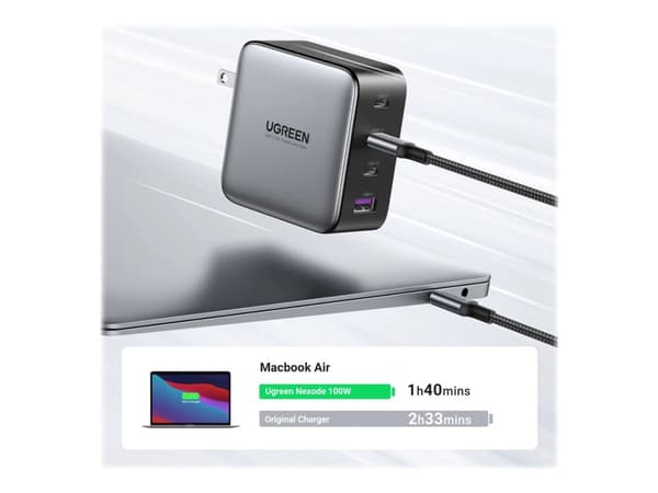 Ugreen - Strömadapter - 100 Watt - 5 A - PD 3.0, QC 4.0+ - 4 utdatakontakter (3 x USB-C, USB) - Europa