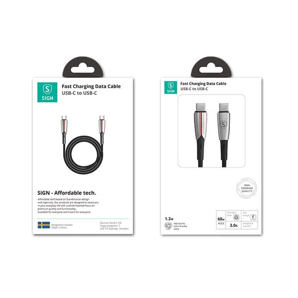 SiGN PD USB-C till USB-C Kabel, 1.2m, 3A, 60W - Svart