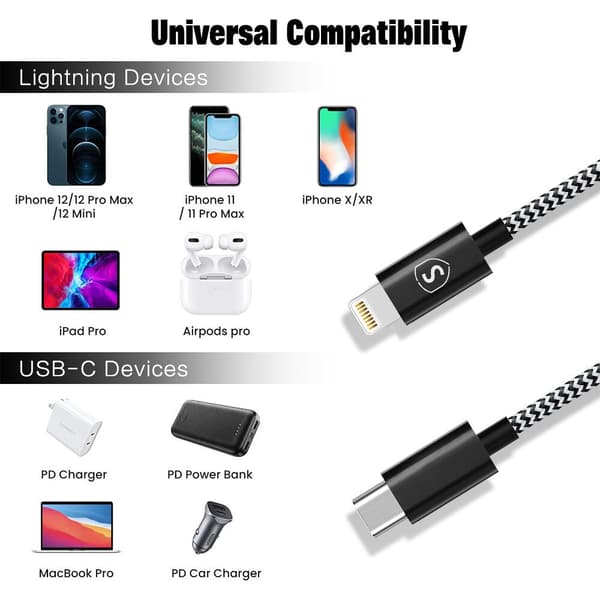 SiGN Skin USB-C till Lightning Kabel 2.1A, 2m - Svart/Vit