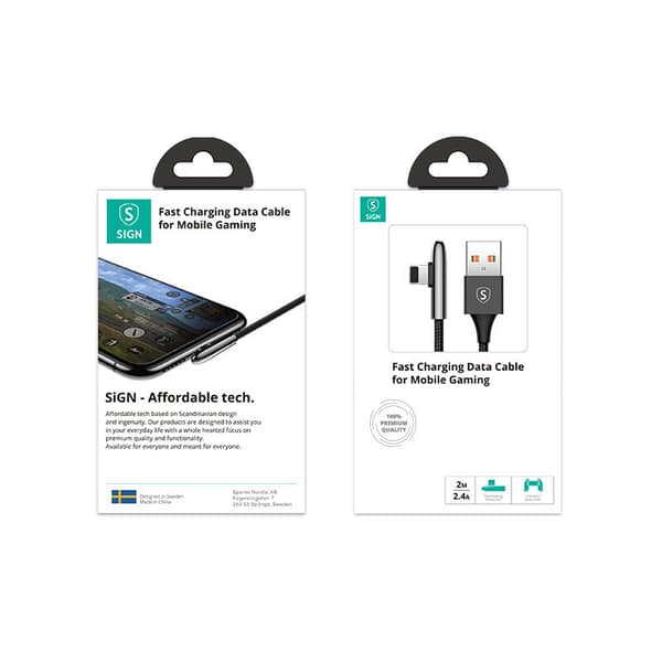 SiGN USB till Lightning Gaming Kabel, 2m, 2.4A - Svart