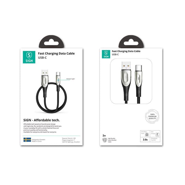 SiGN USB till USB-C Kabel, 2m, 3A - Svart