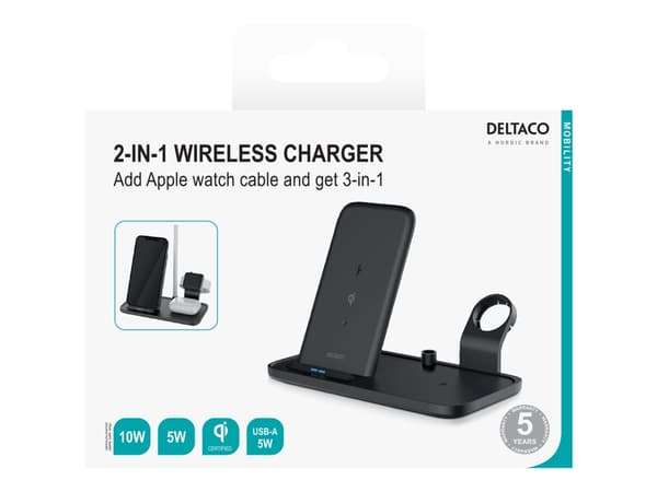 DELTACO QI-1036 - Trådløst ladestativ - 2-i-1 - 10 watt - svart
