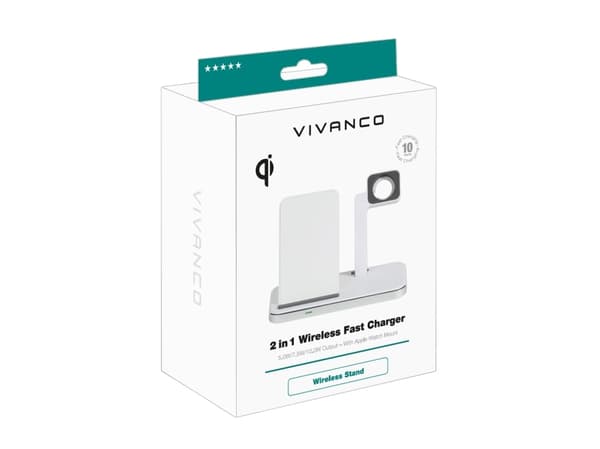 Vivanco 2 in 1 Wireless Fast Charger, Innendørs, USB, 1 m, Hvit