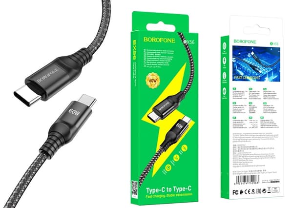 USB C till USB C Kabel 1,5 Meter 60W 3A Svart Borafone