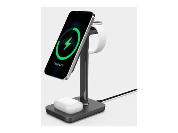 eSTUFF - Trådløst ladestativ - 15 watt - 3 A - PD 3.0 - aluminium, hvit - for Apple AirPods; AirPods Pro; iPhone 12, 13; Watch Aluminium