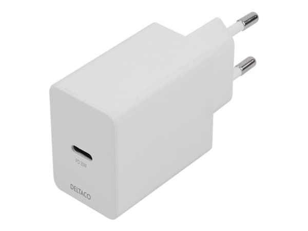 DELTACO USBC-AC146 - Strömadapter - 20 Watt - 3 A - PD (24 pin USB-C) - på kabel: USB-C - vit