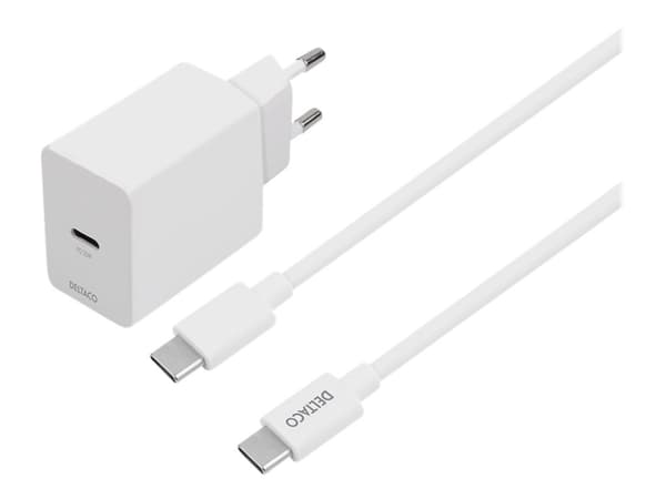 DELTACO USBC-AC146 - Strömadapter - 20 Watt - 3 A - PD (24 pin USB-C) - på kabel: USB-C - vit