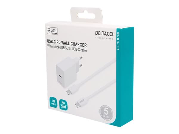 DELTACO USBC-AC146 - Strömadapter - 20 Watt - 3 A - PD (24 pin USB-C) - på kabel: USB-C - vit