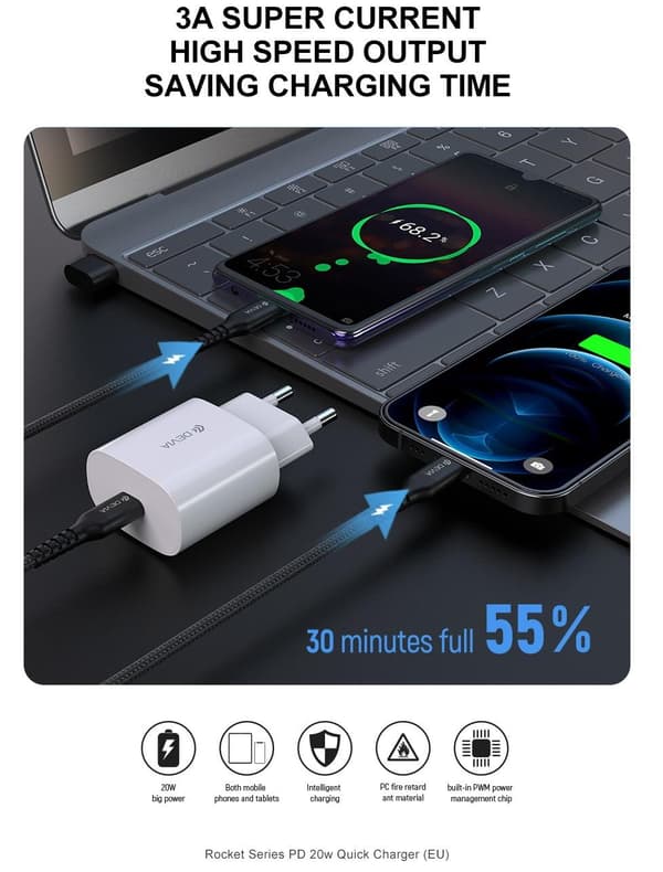 Snabbladdare 20W PD USB-C för iPhone 11/12/13/14, Samsung