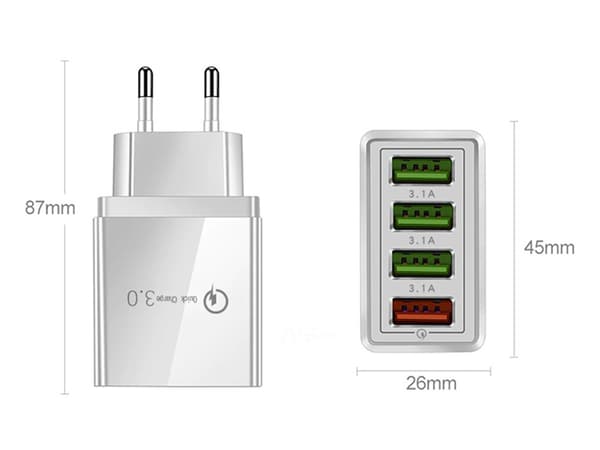 Strömadapter med 4 st USB-A Portar 3A QC 3.0