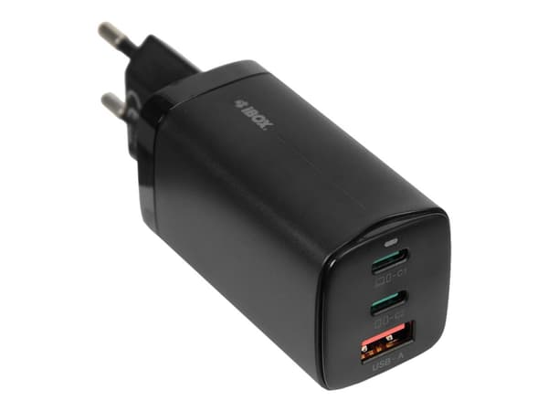 iBOX C-65 - Strømadapter - 65 watt - 5 A - PD 3.0, Apple 2.4A, Apple Fast Charge, Huawei Fast Charge, SCP, AFC, QC 3.0, QC 4.0+ - 3 utgangskontakter Sort