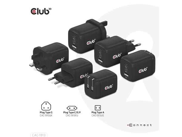 Club3D matkalaturi 2xUSB tyyppi C, 1xUSB tyyppi A, PD 65W vähittäismyyntipakkaus