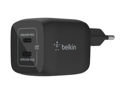 Belkin BoostCharge Pro - Strømadapter - PPS- og GaN-teknologi - 45 watt - 3 A - Fast Charge, PD 3.0 - 2 utgangskontakter (2 x USB-C) - svart Sort