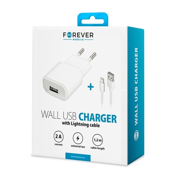 Forever vægoplader USB 2A TC-01 + iPhone 8-pin kabel - Hvid Hvid