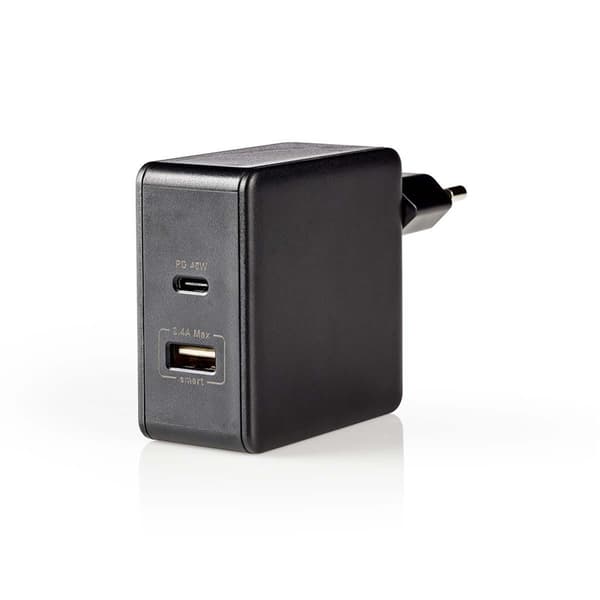 Nedis Vægoplader | 57 W | PD3.0 45W | Hurtigopladningsfunktion | 2.25 A / 2.4 / 3.0 A | Antal output: 2 | USB-A / USB-C™ | Uden Kabel | Automatisk Val