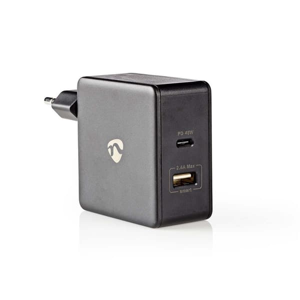 Nedis Vægoplader | 57 W | PD3.0 45W | Hurtigopladningsfunktion | 2.25 A / 2.4 / 3.0 A | Antal output: 2 | USB-A / USB-C™ | Uden Kabel | Automatisk Val