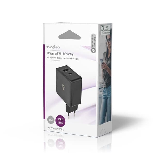 Nedis Vægoplader | 57 W | PD3.0 45W | Hurtigopladningsfunktion | 2.25 A / 2.4 / 3.0 A | Antal output: 2 | USB-A / USB-C™ | Uden Kabel | Automatisk Val
