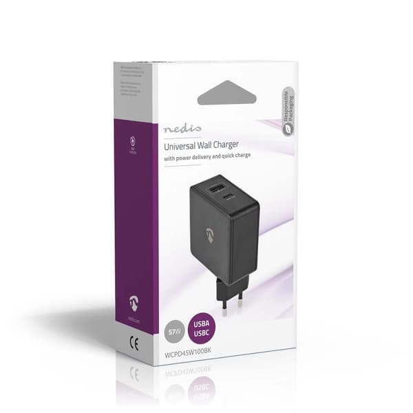 Nedis Vægoplader | 57 W | PD3.0 45W | Hurtigopladningsfunktion | 2.25 A / 2.4 / 3.0 A | Antal output: 2 | USB-A / USB-C™ | Uden Kabel | Automatisk Val