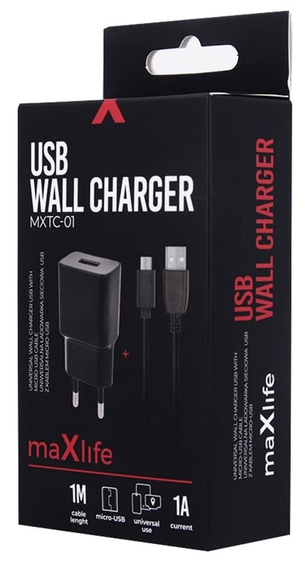 Maxlife vægoplader MXTC-01 USB (1A) + microUSB-kabel, sort