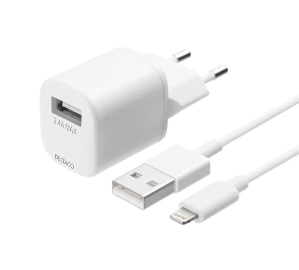 DELTACO USB wall charger, USB-A, 2,4 A, incl. 1 m USB-A to Lightning Hvid