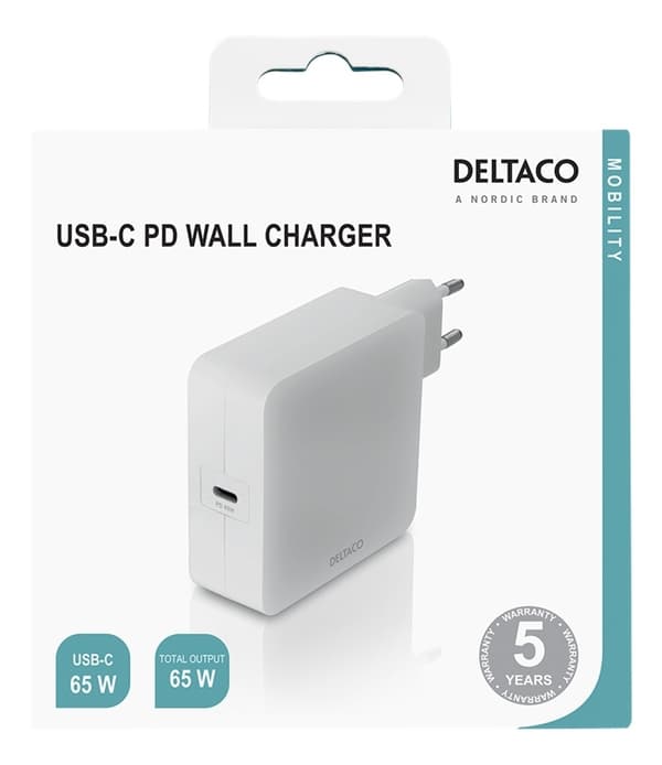 DELTACO USB-C PD väggladdare, 65 W, vit