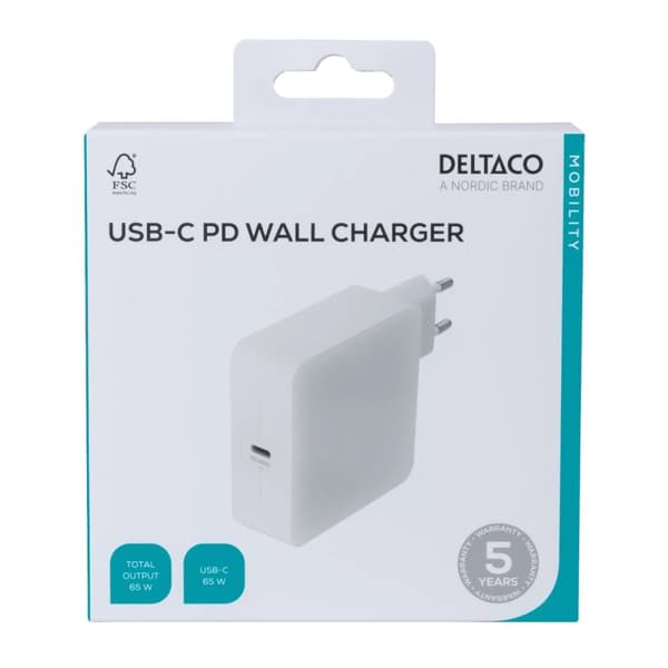 DELTACO USB-C PD väggladdare, 65 W, vit