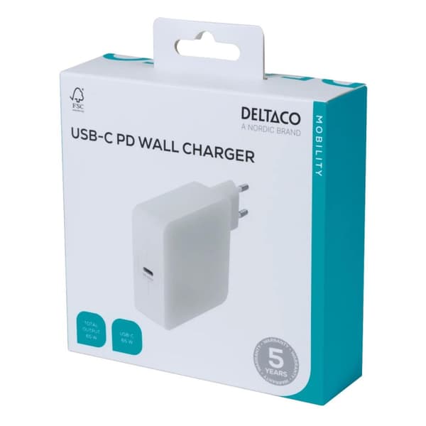 DELTACO USB-C PD väggladdare, 65 W, vit